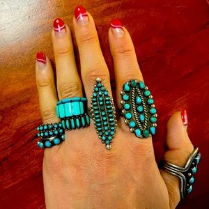 Vintage Zuni Turquoise Sterling Silver Ring size ~6.75 Petite Point Snake Eye